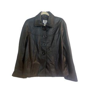 Women's Worthington Brown Genuine Lambskin Leather Button Up Jacket Sz L Pockets